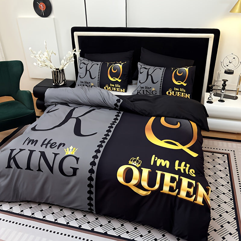3pcs Super Soft Breathable Crown King And Queen Letter Duvet Cover Set (1 Duvet Cover+2 Pillowcases Without Pillow Core), at Home Dormitory High Definition Numerical Code Printing for Bedroom, Guest Room Decor, Suitable for All Seasons