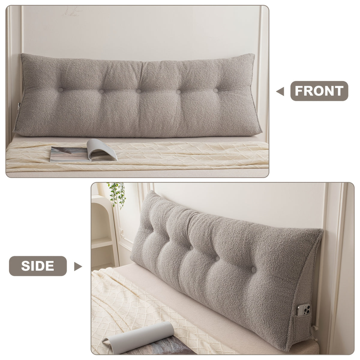 Headboard Reading Pillow, Triangular Teddy Velvet Backrest Cushion with Side Pocket and Removable Washable Cover for Twin, Queen and King Beds