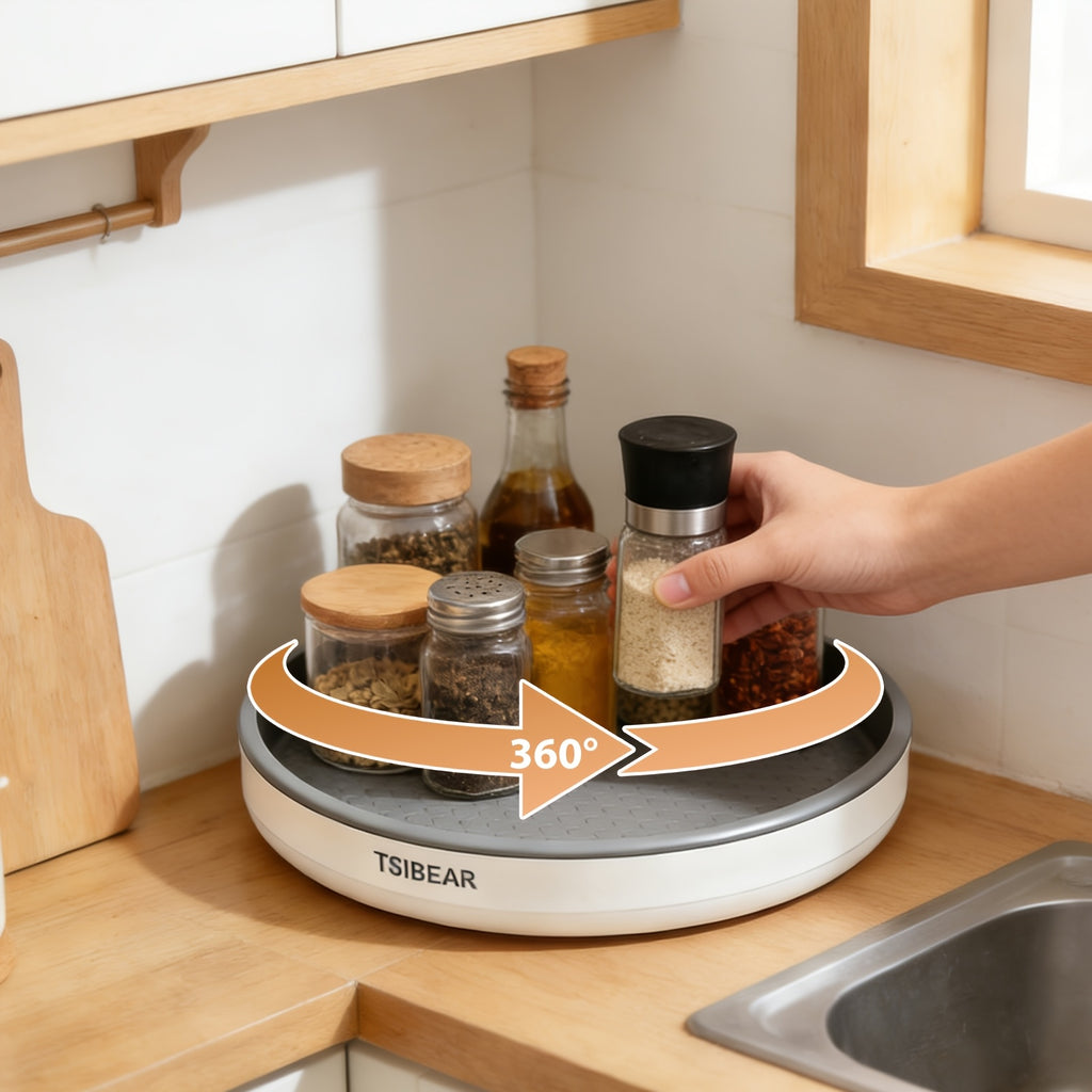 360° Rotating Lazy Susan Turntable Organizer – Non-Slip Spice Rack for Kitchen Cabinet, Countertop & Dining Table – Single-Layer Tray for Jars And Condiments