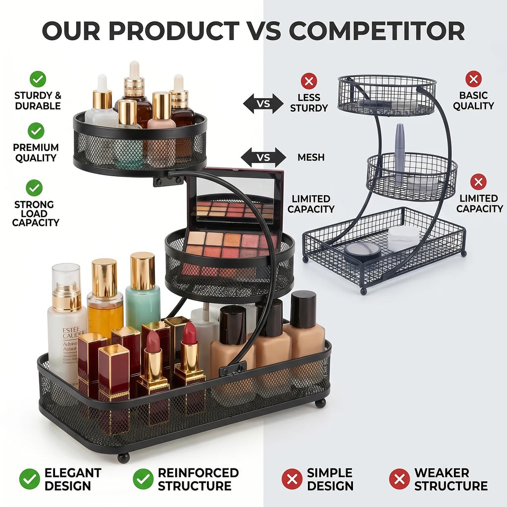 3-tier Metal Bathroom Storage Rack, Includes A Spray Bottle | Hooks - Space-saving Countertop Organizer For Cosmetics, Skincare, And Toiletries | Rust-resistant Diamond Mesh Design | Sturdy And Durable, Suitable For Vanities, Bathrooms, Wardrobes