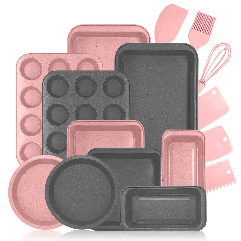 2/6/7/8/12/16/18pcs Nonstick Baking Pans Set Kitchen Baking Sheets Oven Bakeware Sets Round/Square Cake Pan Muffin Pan, Loaf Pan, Roast Pan, Cookie Sheet Baking Supplies Grey Measuring Spoon Scraper Rack Whisks Bread Bag Muffin Cups Spatulas