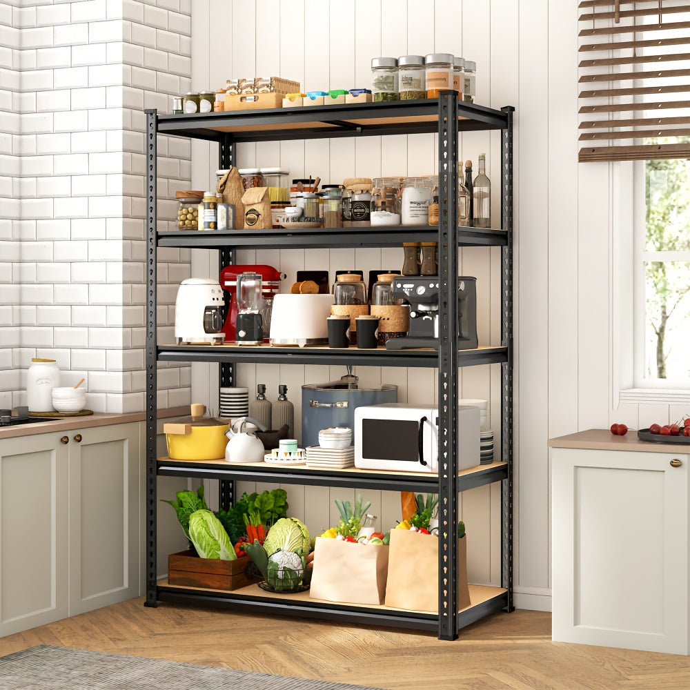 [Heavy-Duty Home Storage Shelf] 60"H Five-Tier Storage Rack, 2000LBS Capacity, Adjustable Storage Shelf, Sturdy Wooden Shelving Unit, Space-Saving Freestanding Kitchen Pantry Basement Utensil Rack, 27.6"W X 11.8"D X 60"H Practical Storage Shelf