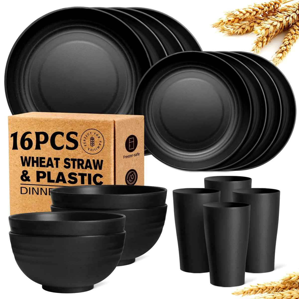 32/16pcs Wheat Straw Large Size Tablesware Set, Unbreakable Modern Dish Set-Plate/Dessert Plate/Bowl/Cup, Lightweight Wheat Straw Dinnerware Set, Dishwasher And Microwave Safe, Lightweight Tableware, Gift for Chrismas