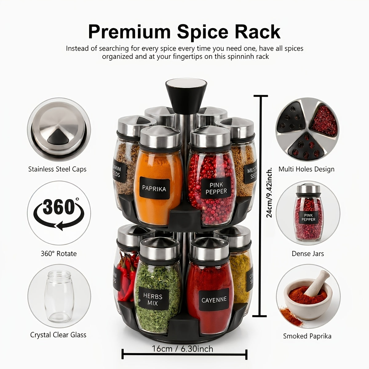 Rotating Spice Rack with Glass Jars, 6 or 12 Seasoning Bottles with Adjustable Dispensing Lids and Single or Double Tier Kitchen Storage Organizer