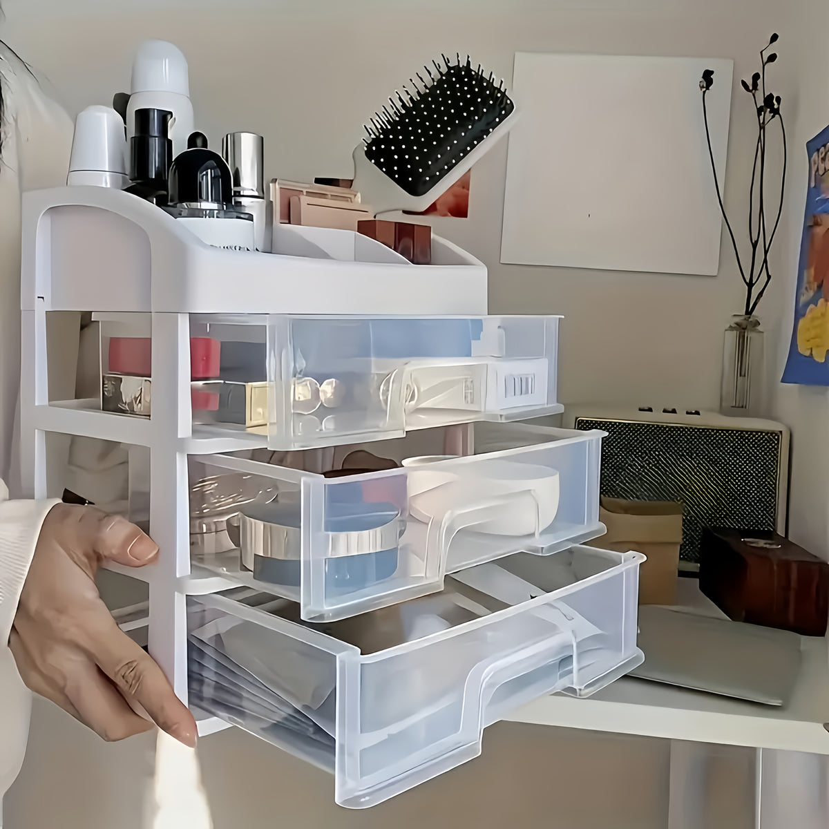 Large Capacity 4-Layer Plastic Cosmetic Storage Rack with 3 Pull-Out Drawers - Multi-Purpose Skincare, Medicine, Stationery Desktop Organizer - No Installation Pull-Out Shelf for Bathroom And Home Decor - Gift for Thanksgiving, Christmas, Halloween