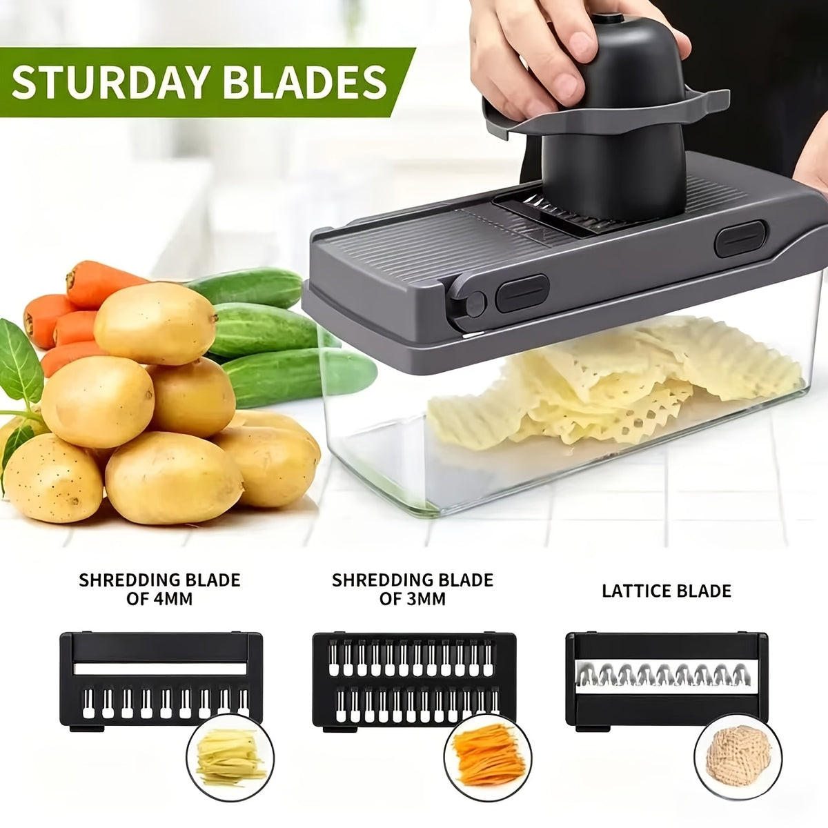 16pcs Upgraded Vegetable Chopper, Multifunctional Fruit Slicer, Handle Based Food Grater, Container Cutting Tool, Multi Blade Replaceable Onion Chopper, Household Potato Slicer