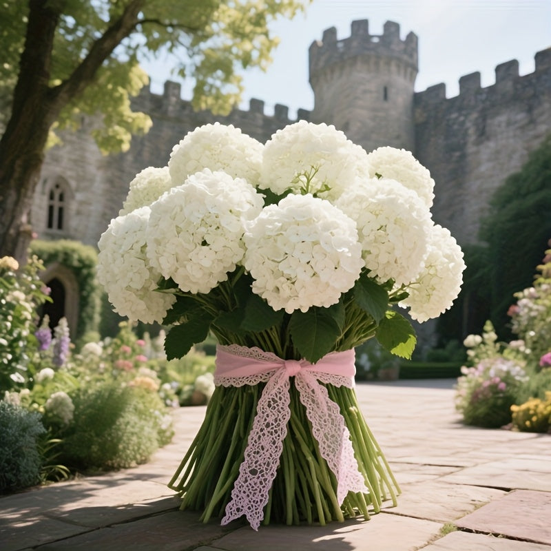 Artificial White Hydrangea Flowers Set of 6, UV-Resistant Faux Blooms with Green Leaves for Weddings, Porch, Garden and Home Decor