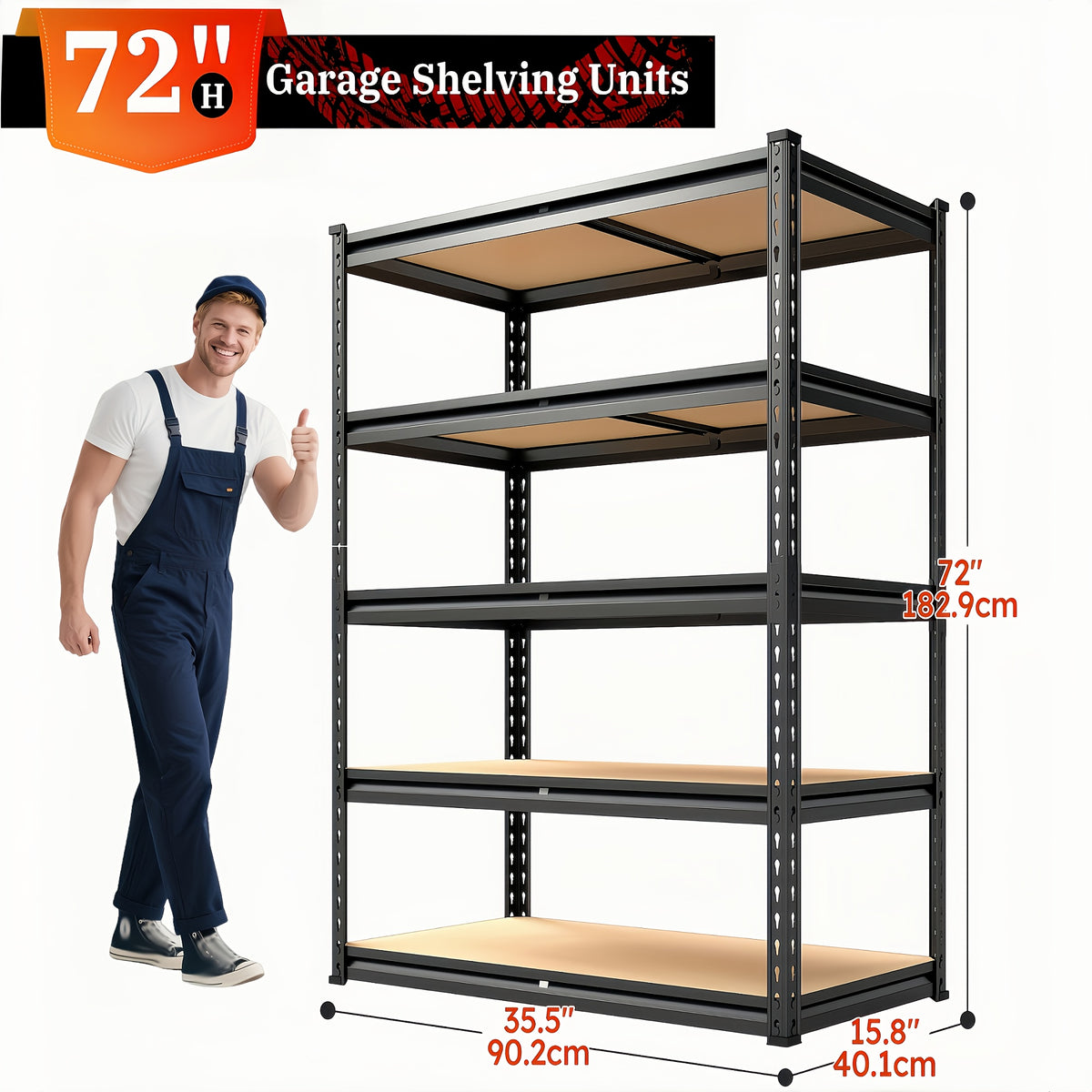 2020LBS Storage Shelves 5 Tier 72" H X 35.55" W X 16" DGarage Shelving Heavy Duty, Adjustable Metal Shelving Unit, Garage Shelves for Basement, Warehouse, Pantry, 72" H X 35.55" W X 16" D, Black, Standing Shelf