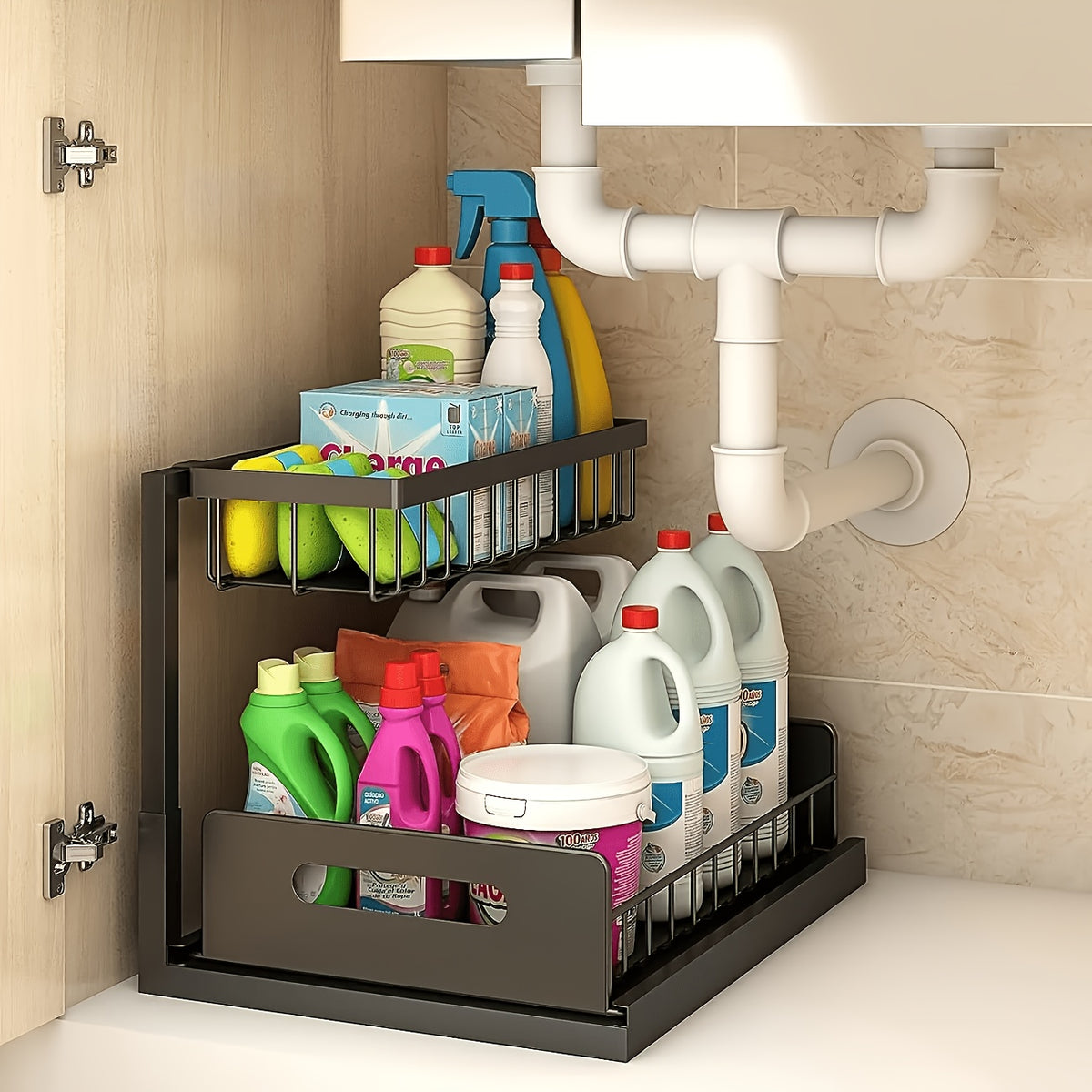 1pc Kitchen Storage Rack for Sink Organization And Storage, Sink Organizer, Sliding Pull-Out Cabinet Organizer, Metal Sliding Drawer, for Kitchen, Bathroom, Refrigerator, And Cabinet Organization, Easy And Practical Essential Kitchen Storage Item