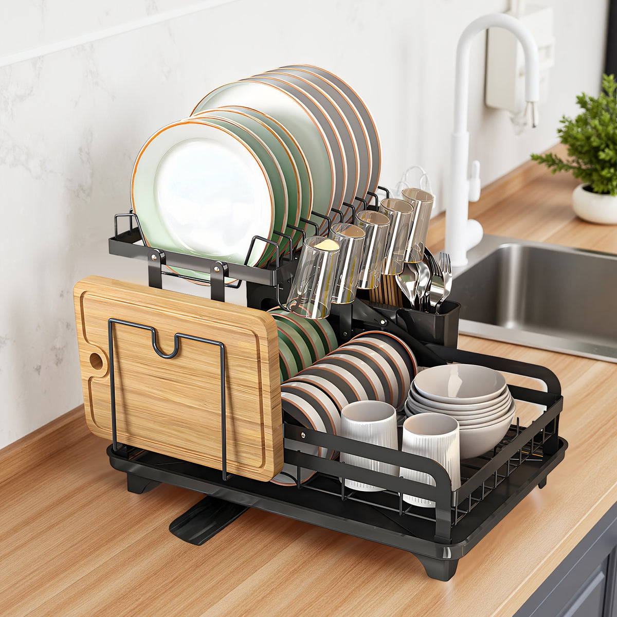 [Large Dish Drying Rack] 1pc Large 2-Tier Carbon Steel Dish Drying Rack with Drainboard, Glass & Utensil Holders, And Extra Drying Mat - Rust-Resistant Metal Dish Drainer for Kitchen Countertop, Black
