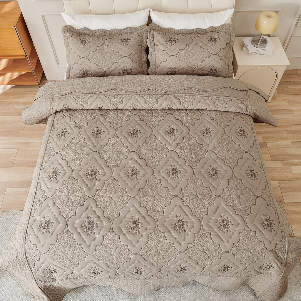 3pcs Exquisitely Crafted King/ Queen Size Quilted Bedspread Set with Intricate Floral Embroidery - 100% Polyester, Wrinkle - Resistant, Lightweight, Perfect for Adding A Touch of Elegance To Your Bedroom Decor