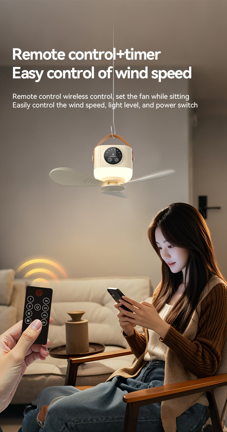 Portable Camping Fan With Light, Available With Or Without Tripod | Quiet USB Rechargeable Fan With Remote, Adjustable Speed & Brightness | Long Life Outdoor Tent Fan For Bedroom, Dorm, Travel