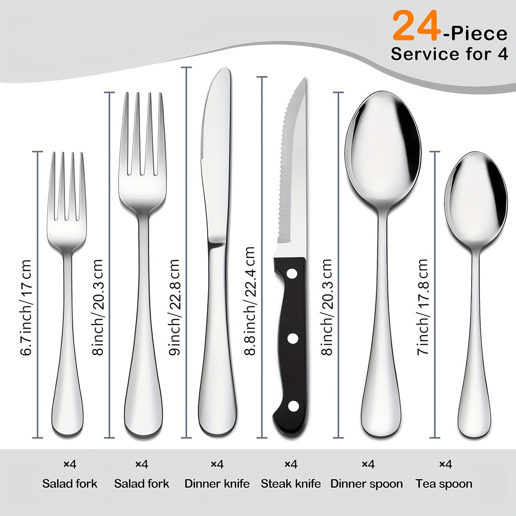 24/48pcs Black Silverware Set With Steak Knives Service For 4/8, Christmas Stainless Steel Flatware Set, Mirror Polished Kitchen Accessories, Home Kitchen Party Eating Tableware Set, Include Fork Knife Spoon Set, Dishwasher Safe (Silver, Black)