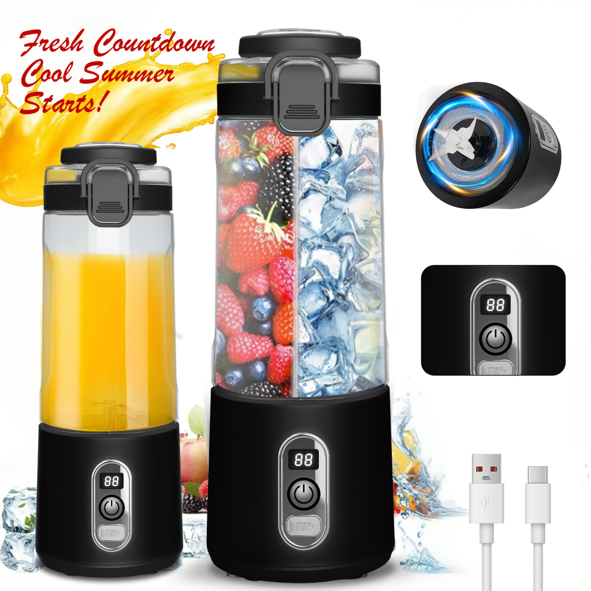 LALAYUAN USB-Powered Juicer & Juicer with Digital Timer, Battery Left Display, High-Speed Ice Crush, USB-C Fast Charge, One-Tap NO-Spill Lid, 6-Blade Stainless Steel - Smoothie Blender Portable, Protein Shakes, Gym, Travel Smoothie Maker