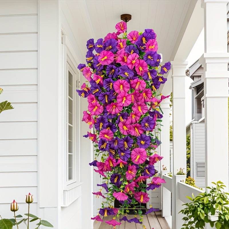 4 Bundles Artificial Flowers, Outdoors Decoration, Hanging Morning Glory, Colorful Outdoor Artificial Flowers UV Resistant Fake Flowers Greenery Shrubs Plants for Front Porch Window Box Hanging Garden Home, for Thanksgiving, Christmas, Mother'S Day