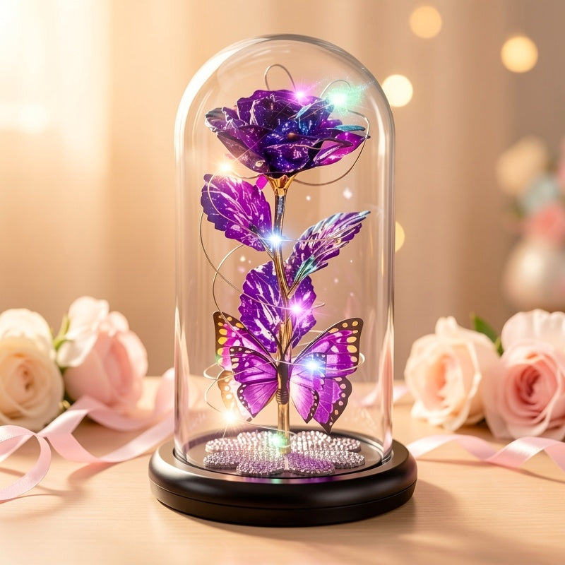 Galaxy Rose Glass Dome with Butterfly, Battery-Powered Glowing Artificial Flower Display in Five Colors for Mother's Day, Birthday and Anniversary Gifts