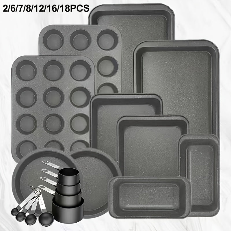 2/6/7/8/12/16/18pcs Nonstick Baking Pans Set Kitchen Baking Sheets Oven Bakeware Sets Round/Square Cake Pan Muffin Pan, Loaf Pan, Roast Pan, Cookie Sheet Baking Supplies Grey Measuring Spoon Scraper Rack Whisks Bread Bag Muffin Cups Spatulas