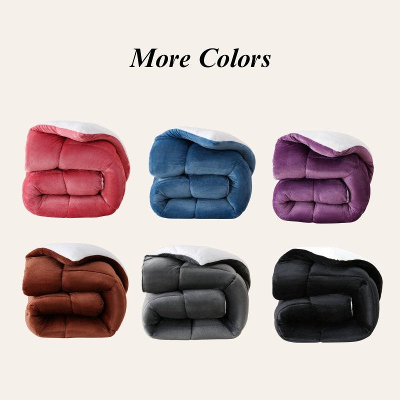 Reversible Sherpa Comforter with Plush Flannel Face and Box Stitch Design, Single-Piece Cozy Bedding in Five Colors for Twin XL, Full, Queen and King Beds