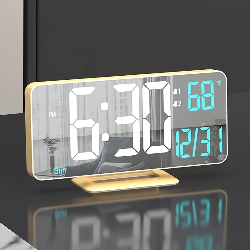 1pc Komugi Large 6.7" Golden Digital Alarm Clock with Dual Alarm, Dimmable LED Display, Temperature/Humidity-like (No Hygrometer), Date/Day of Week, USB-Powered Modern Desk Clock for Bedside, Living Room, Office - LCD Screen