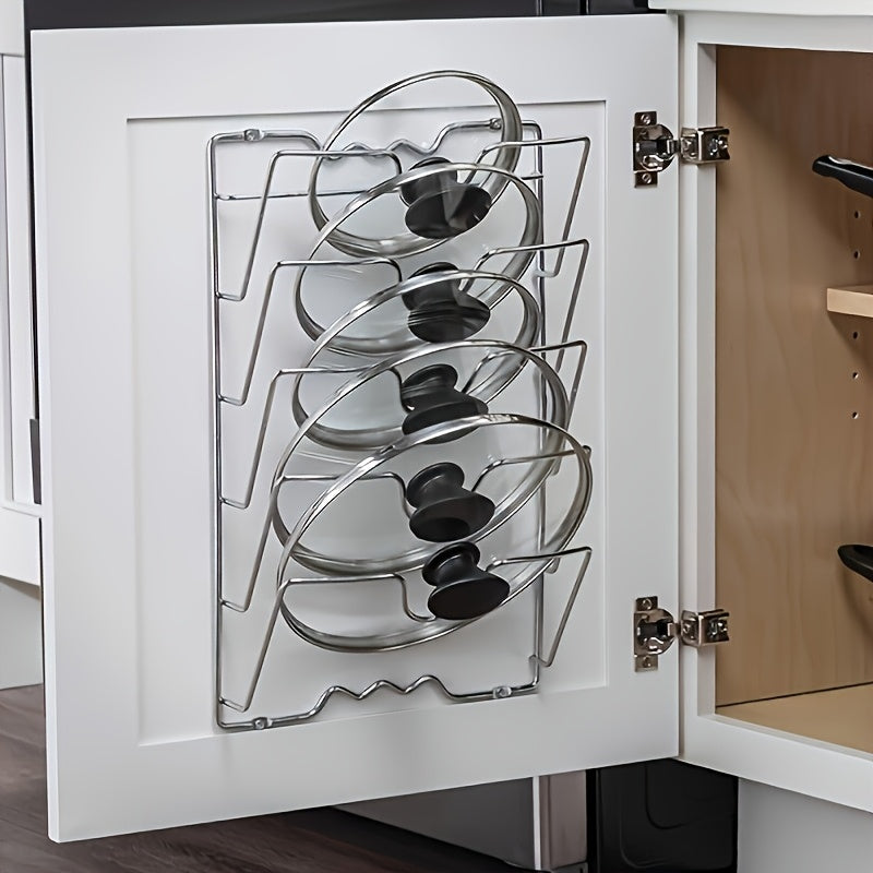 5-Tier Pot Lid Organizer Rack for Cabinet Door, Kitchen Organizers and Storage, No-Drill Lid Holder for Pots & Pans, Kitchen Essentials & Accessories for Home, Apartment, RV & Rental Kitchen