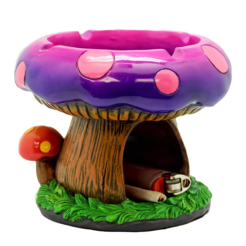 Fantastic Mushroom House Ashtray with Storage - 5.3”x4.5” Purple & Pink Resin Whimsical Mushroom-Shaped Ashtray with Cigarette Butt Slot & Storage Compartment, Humorous Home & Office Decor, Contemporary Irregular Design, No Electricity Needed, Durable Res