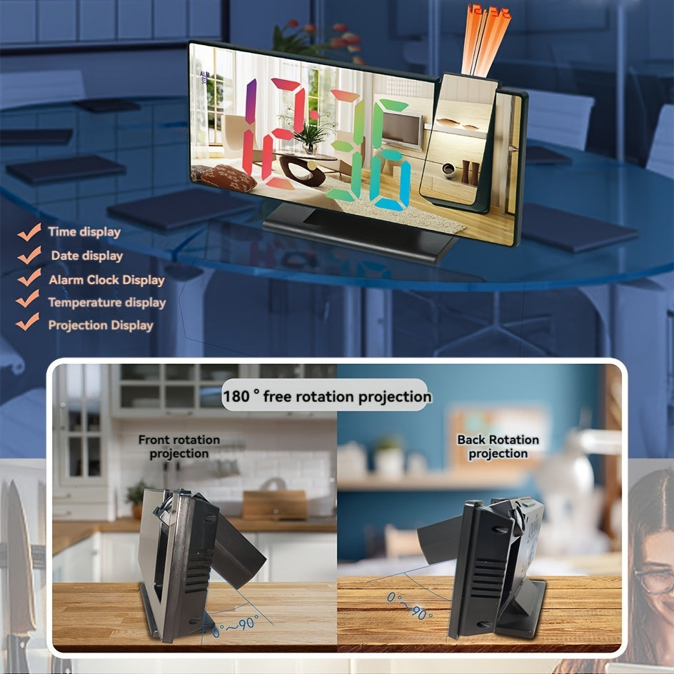 Multi-function Digital Alarm Clock with Large LED Mirror Screen, Temperature, Bedroom Date-Project Time and Alarm Clock