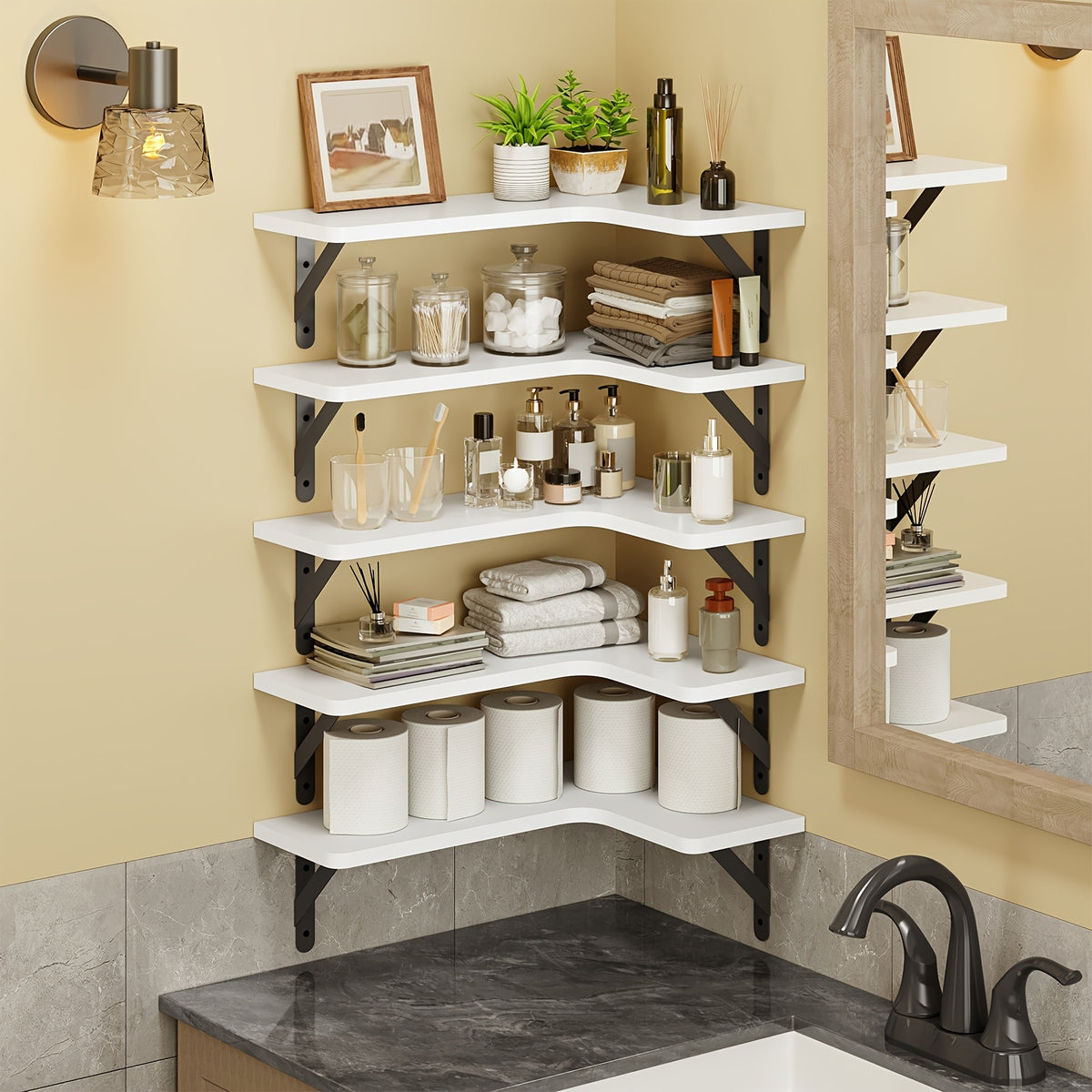 Rustic Wood Corner Floating Shelves, 5-Piece Color Options or 6-Piece Black Wall Storage Set for Bathroom, Kitchen, Bedroom and Living Room Displays