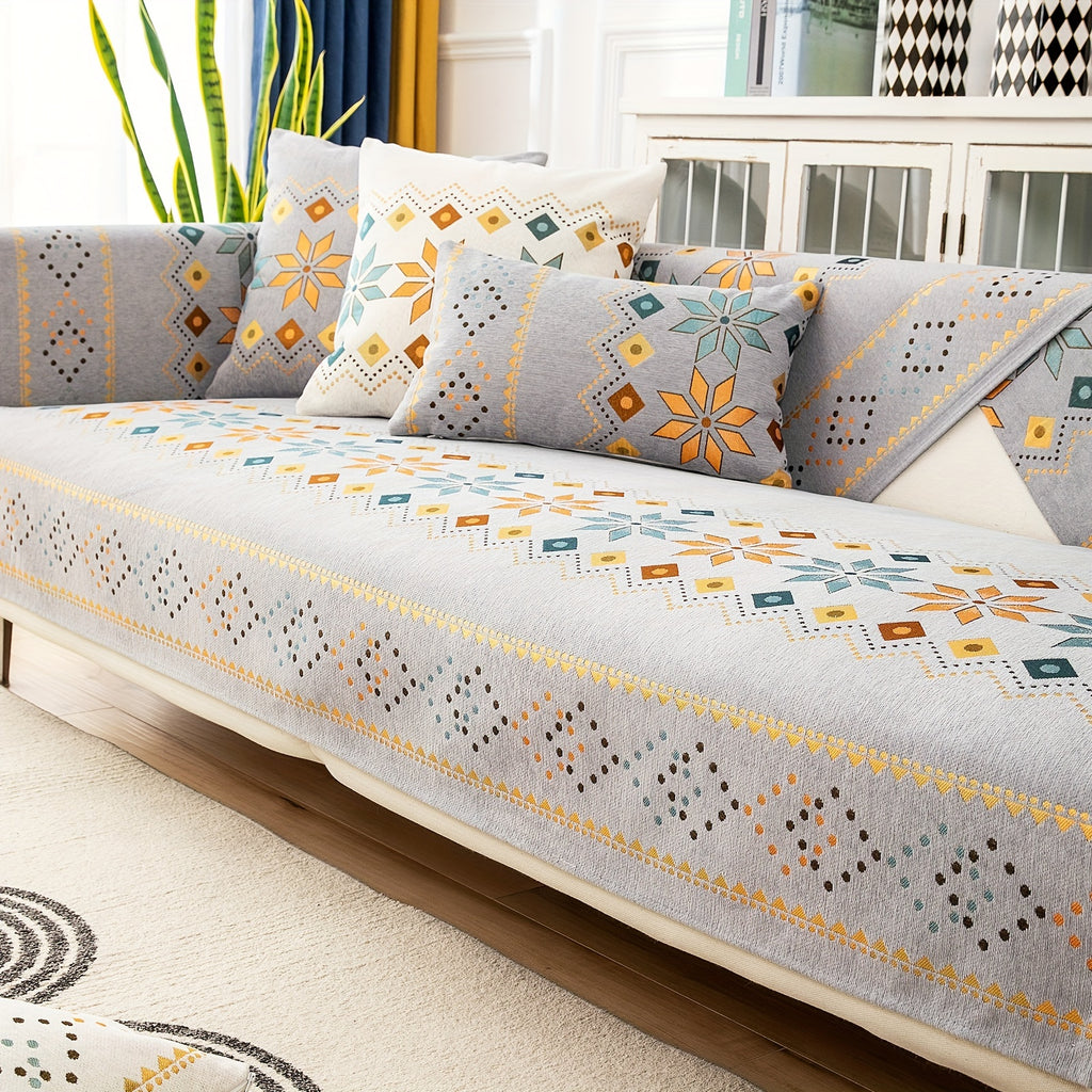 1pc Bohemian Chenille Sofa Cover Suitable for Sofa Sizes (Single to Four-Seater) - Thick Plush Non-Slip Couch Cover with Geometric Embroidery, Chenier Fabric Slipcover Fits for Sectional Sofas, Machine Washable Furniture