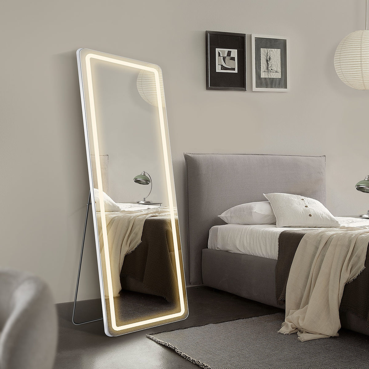 MCQ Arched/Rectangular LED Full Length Mirror, Full Body Floor Mirror Standing Hanging or Leaning Wall, Arch Wall Mirror with Stand Aluminum Alloy Thin Frame for Bedroom, Bathroom, Store