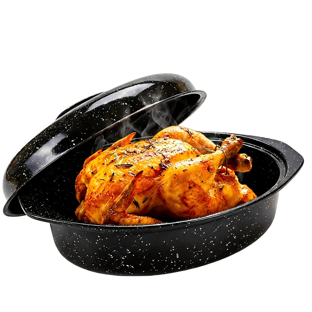 Granite Enamel Roasting Pan with Lid, Large Nonstick Carbon Steel Turkey Roaster for Oven, Chicken Roasting Pan, Soup Stew Bakeware,Black/Red Cooking Soup Pot