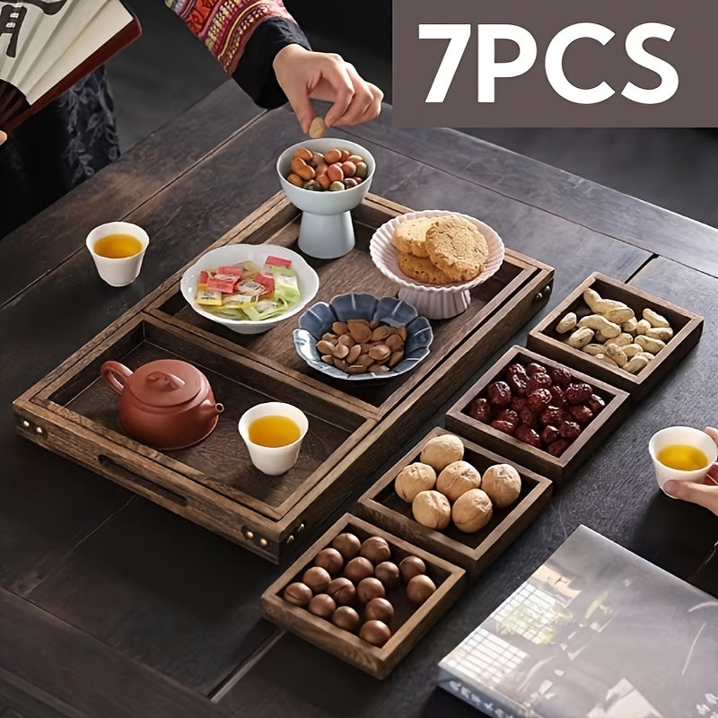 7 Split Solid Trays, Vintage Elegance, Rustic Trays with Handles, Rectangular Party Trays, Fruit Trays, Tea Trays for Placing Large and Small Items, Snacks, Tea, Coffee, Desserts, Durable Kitchen or Living Room Decoration Trays