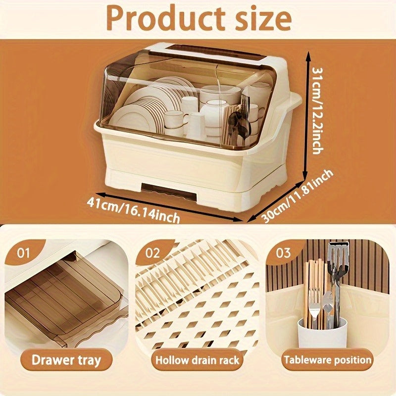 2025 Upgraded Covered Dish Organizer - Space-Saving Countertop & Cabinet Rack | Breezy Cream Cutlery Holder W/ Drain Plate | Dust-Proof Design & Effortless Setup The Best Gifts for Thanksgiving And Christmas