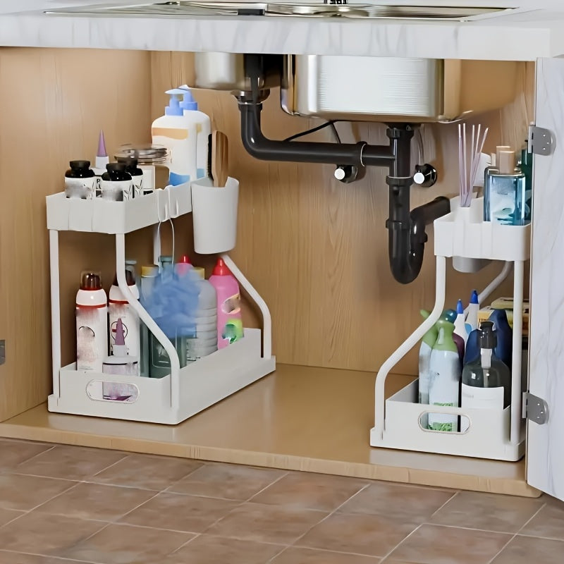 2pcs Under Sink Organizer with Sliding Shelves - Durable Pull-Out Cabinet Organizer for Bathroom & Kitchen, Space-Saving Storage Solution, Sleek Design
