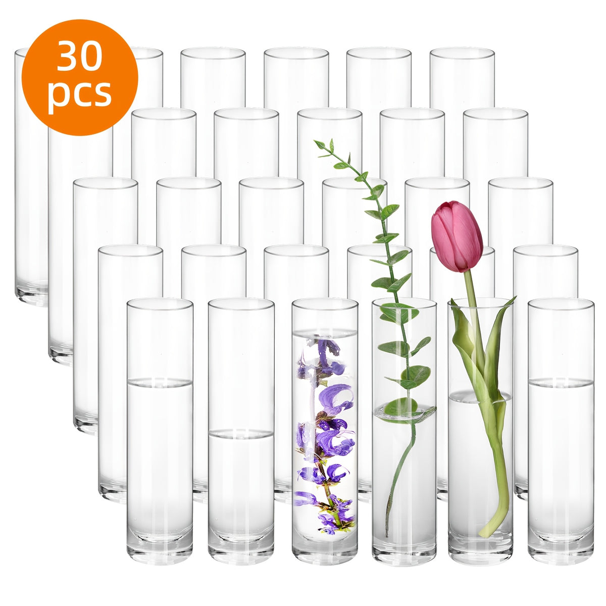 TOMNK 15/30/50pcs Glass Cylindrical Vase for Centerpiece, Clear Small Vase, Handmade Slender Vase Wedding Table Decoration Single Rose Vase Bulk, Home Aesthetics Desk Decoration, Party Decoration