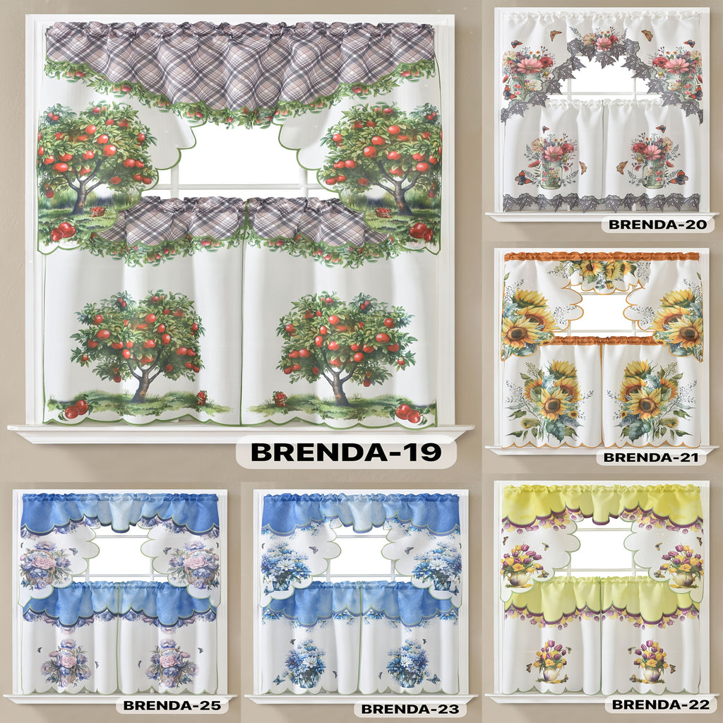 3pcs Bamboo Embroidered Kitchen Curtain Set, Floral Embroidery, Lightweight and Soft, Easy Care, Machine Washable, Satin Fabric, Embroidered