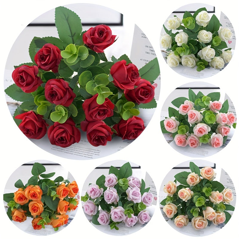 4 Bunches of Realistic Artificial Roses - Vibrant Pink, Red, White And Green Plastic Faux Flowers, Suitable for Valentine'S Day, Weddings, Home Decoration, Indoor/ Outdoor Flower Arrangements (No Maintenance Required)
