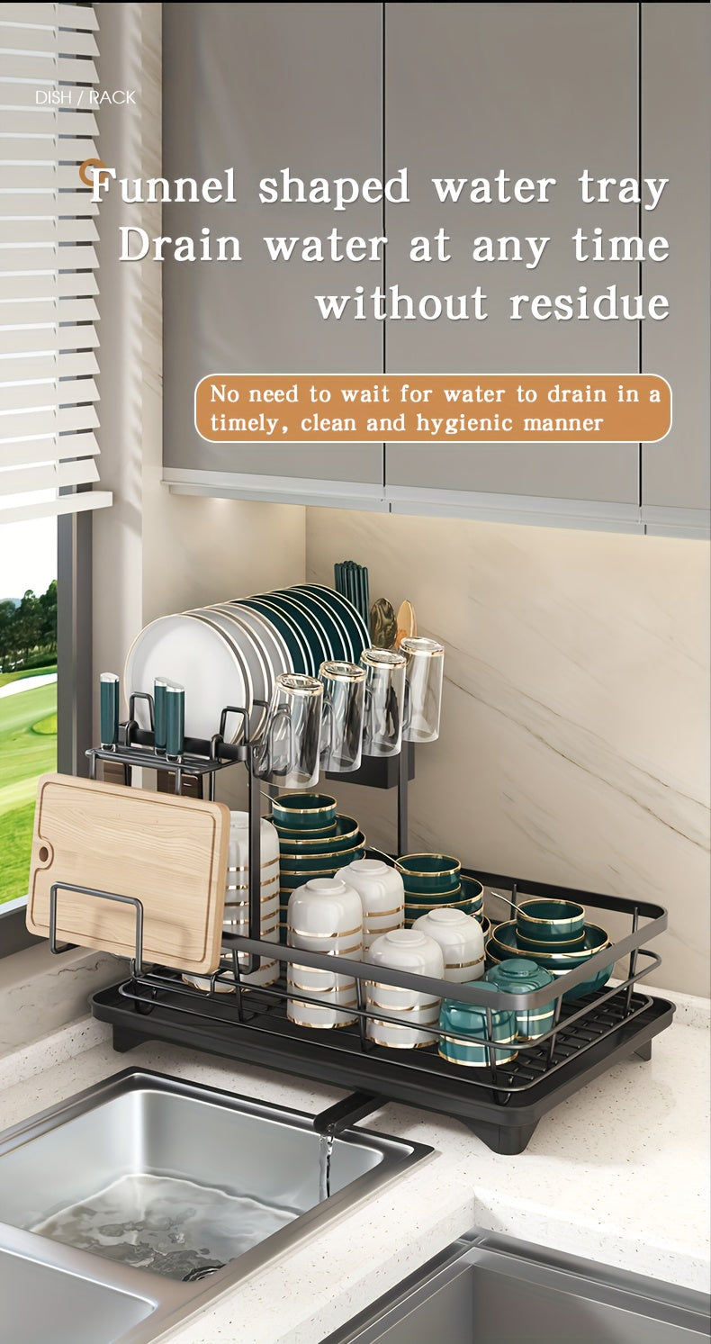 2-Tier Metal Dish Drying Rack, Suitable for Types of Countertops. Space-saving and Durable, Comes with Cutlery Holder, Cup Holder, and Rust-proof Drip Tray. Helps Your Kitchen Neat and Organized.