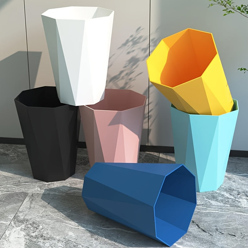 Set of Two Octagonal Trash Bins in Nordic Design, Featuring Geometric Plastic Construction with a Brushed End. These Small Open-Top Wastebaskets Are Ideal for Use in for home Offices, Bathrooms, Kitchens, And Bedrooms