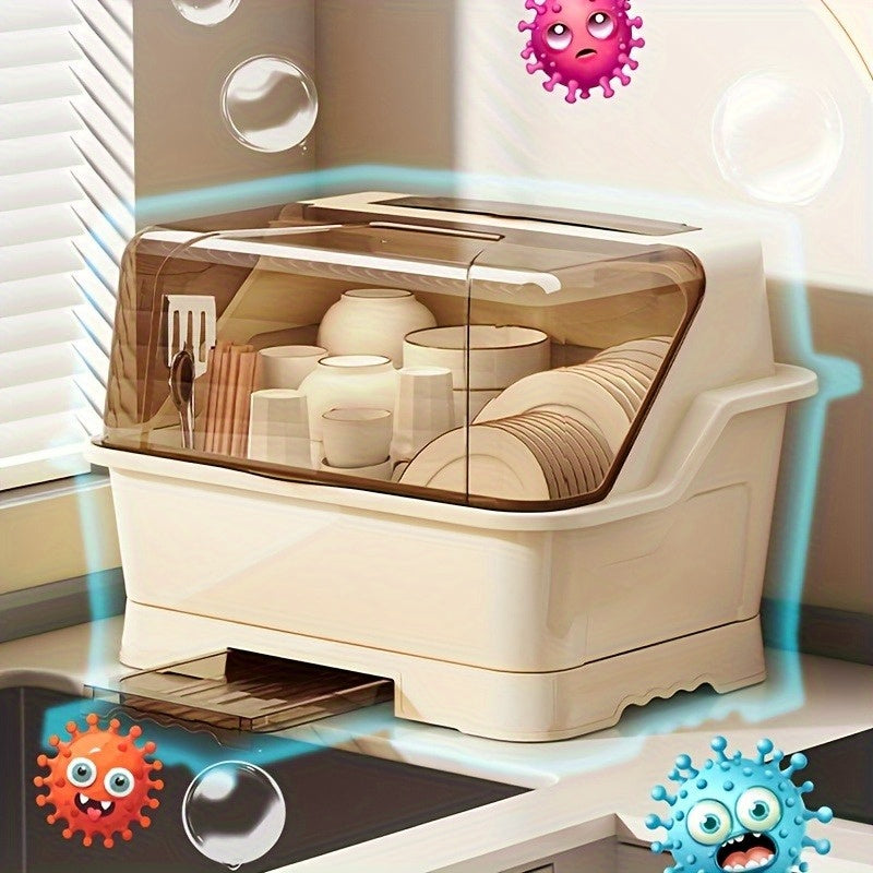 2025 Upgraded Covered Dish Organizer - Space-Saving Countertop & Cabinet Rack | Breezy Cream Cutlery Holder W/ Drain Plate | Dust-Proof Design & Effortless Setup The Best Gifts for Thanksgiving And Christmas