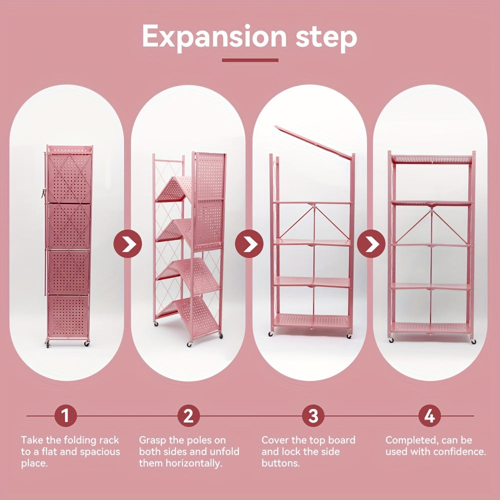 3/4/5- Tier Movable Vertical Multi-Functional Storage Racks, Portable Metal Folding Storage Racks with Locking Wheels, Large - Capacity Kitchenware Storage Racks That Require No Installation. Suitable for Families, College Dormitories