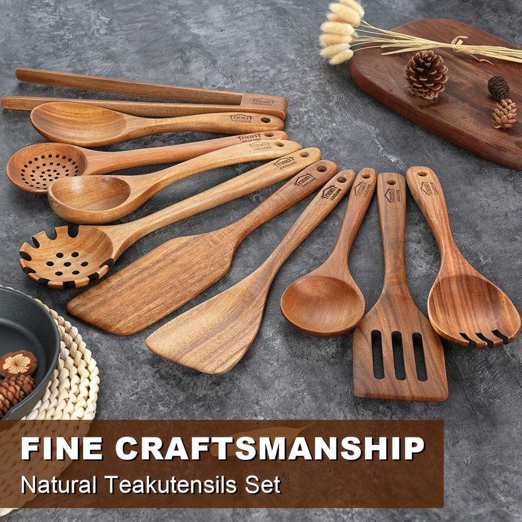 10pcs Wooden Spoons for Cooking, Natural Teak Wooden Kitchen Utensils Set Non-Stick Kitchen Pan Toolset Wooden Utensils for Cooking Wooden Cooking Utensils Wooden Spatulas for Cooking
