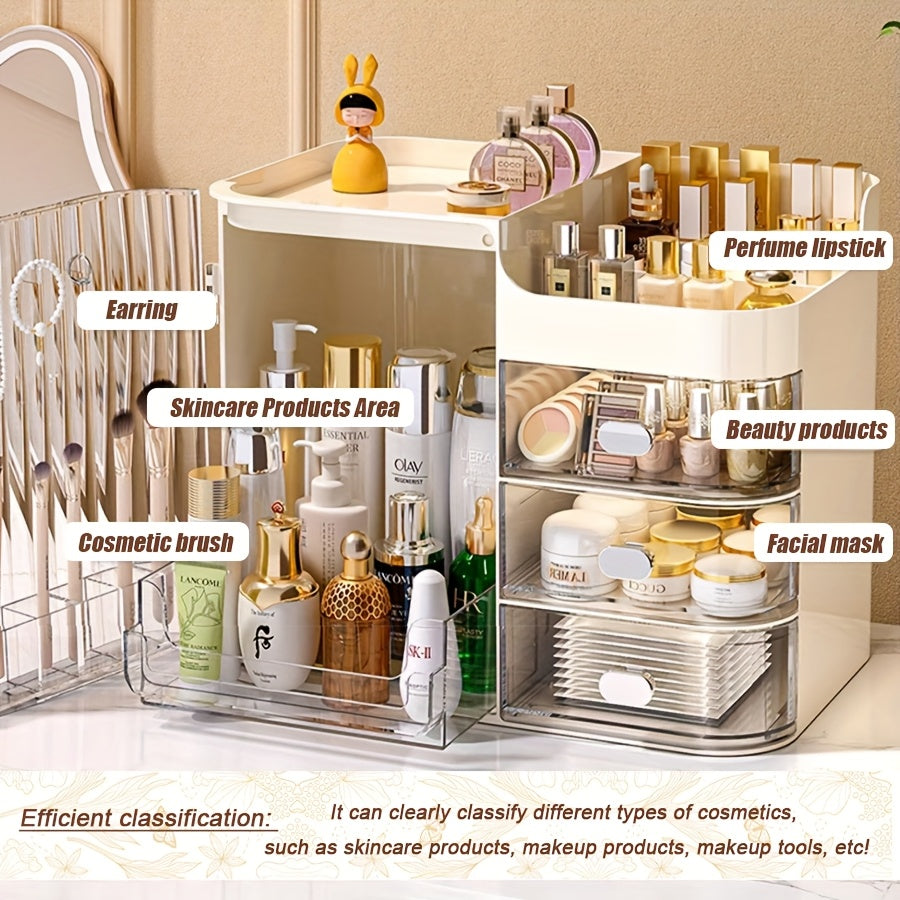 Makeup Organizer Cabinet with 3 Drawers, Top Storage and Transparent Side Door for Cosmetics, Skincare and Bathroom Vanity Organization in Black or Cream White