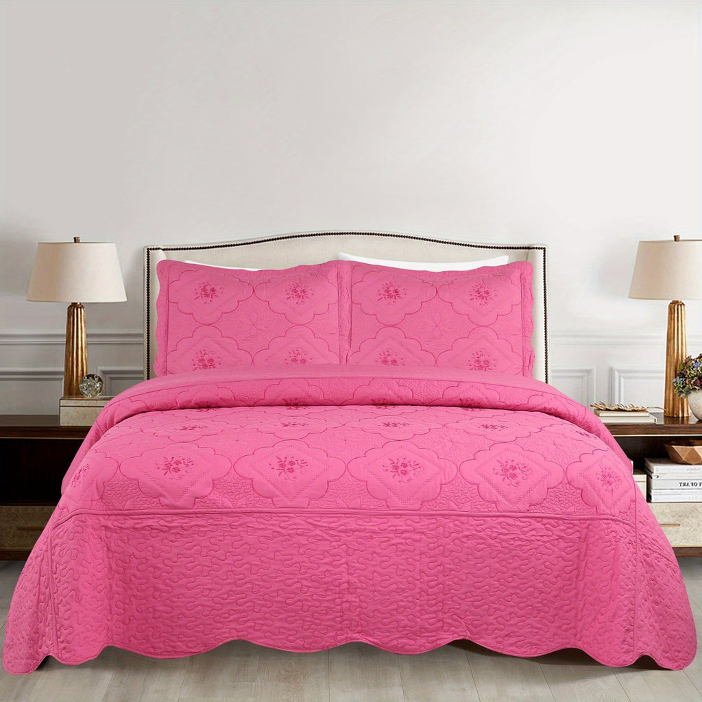 3pcs Exquisitely Crafted King/ Queen Size Quilted Bedspread Set with Intricate Floral Embroidery - 100% Polyester, Wrinkle - Resistant, Lightweight, Perfect for Adding A Touch of Elegance To Your Bedroom Decor