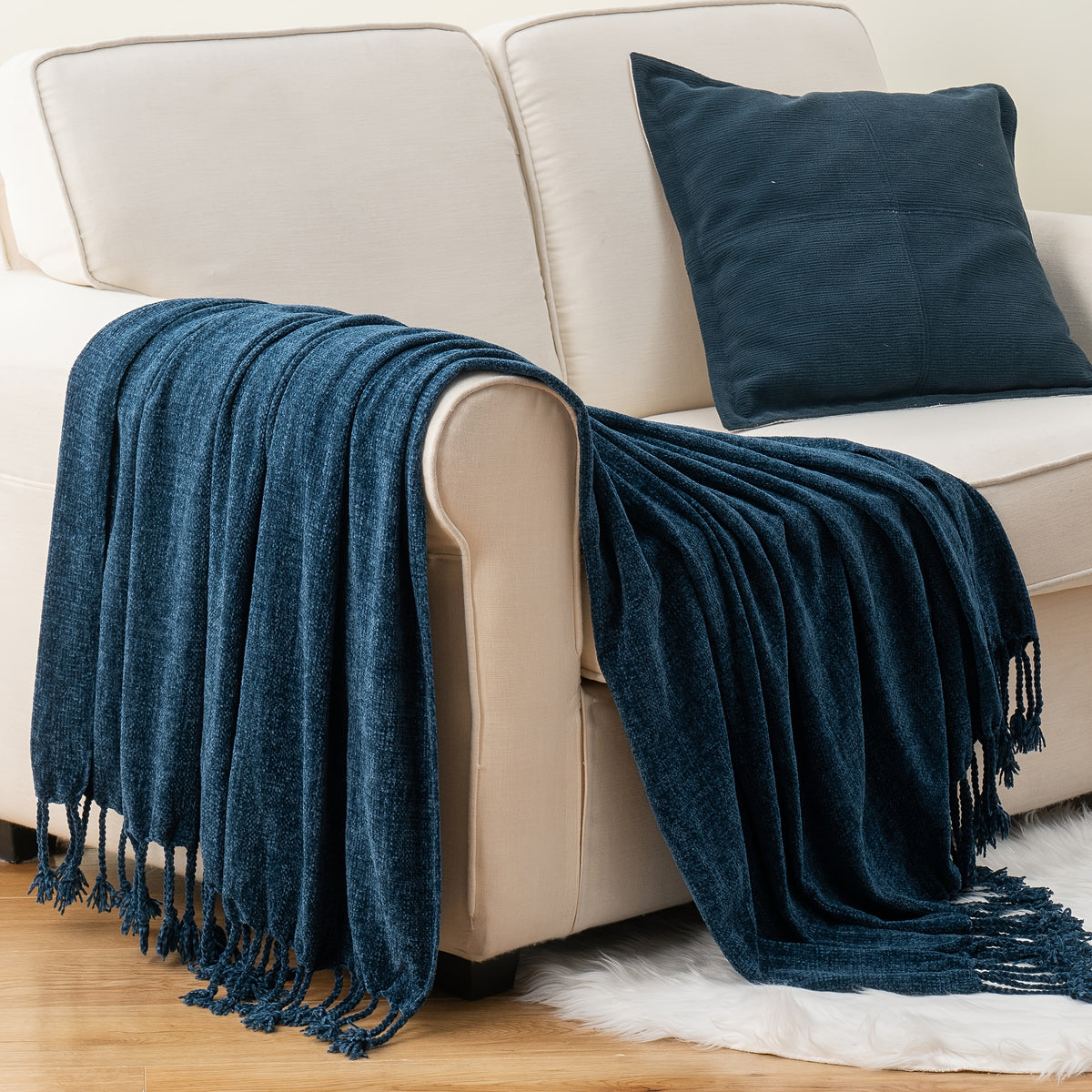 Decorative Fringe Velvety Throw Blanket for Sofa Home Decor, Chenille Throw Blanket for Couch, 50"x60"