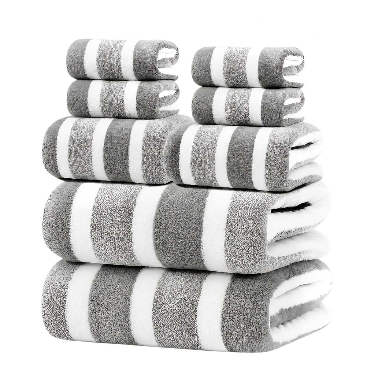 8pcs Set, No Hair Loss, Super Absorbent, Super Soft Two-color Striped Interval Bath Towel Combination, Including 2 Large Bath Towels, 2 Large Face Towels, 4 Hand Towels
