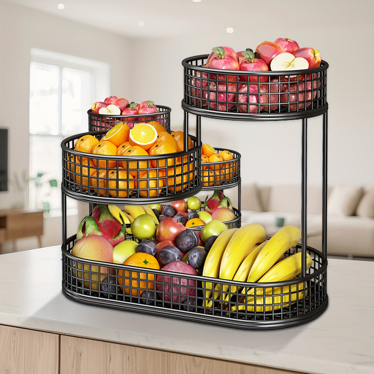Large Capacity 3-Tier Black Metal Fruit Basket, Efficient Kitchen Organization, Perfect for Fruits, Vegetables, Bread, Snacks