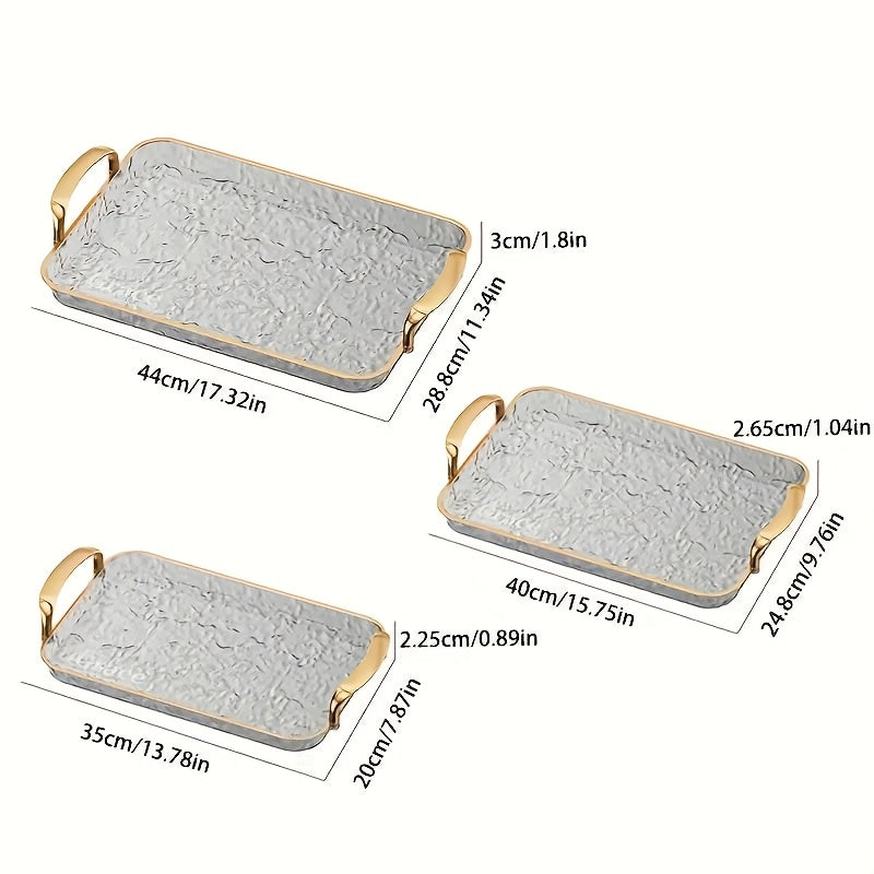 3pcs Transparent Elegant Golden-Rimmed Rectangular Trays Set, Large/Medium/Small PTE Transparent Serving Platters with Handles - Ideal for Fruits, Snacks, Pastries | Perfect for Parties & Festivals, Trays for Serving Food, Party & Festival Essenti