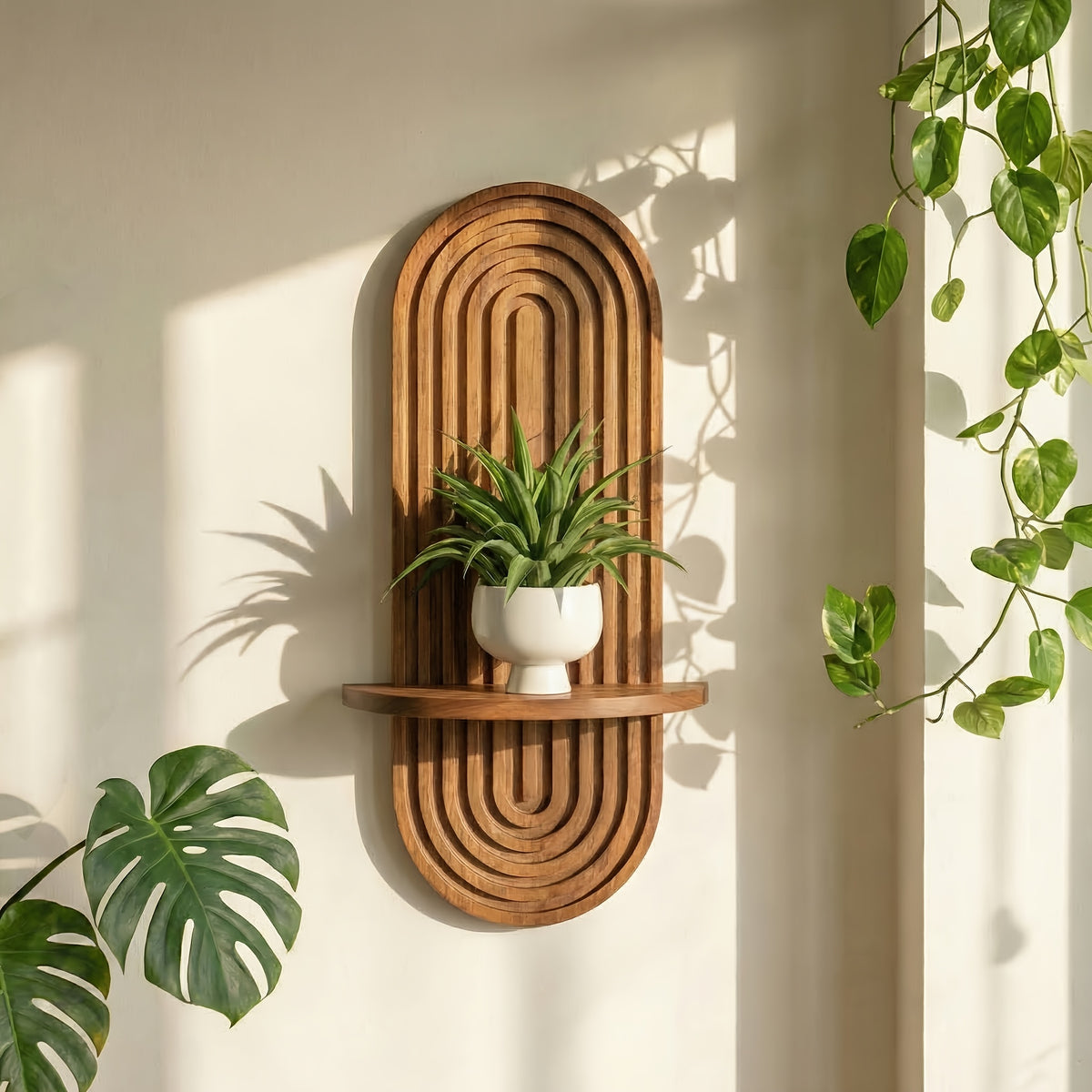 Plant Shelf Mid-Century Modern 1-2 Tier 15In Brown Wood Floating Shelves Wall Planter Holder & Boho Decor Hanging
