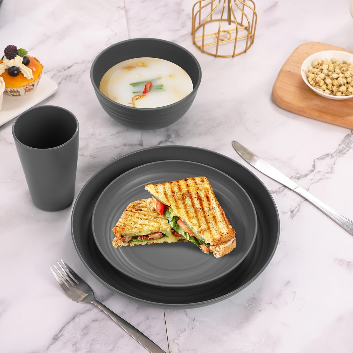 [Unbreakable Dinnerware Set] 32/16/4pcs Wheat Straw Dinnerware Set | Service for 8/4, Large Size Modern Dish Set-Plate/Dessert Plate/Bowl/Cup, Lightweight Tableware, Perfect for Camping, Gifts for Christmas/Halloween, Local Warehouse Items