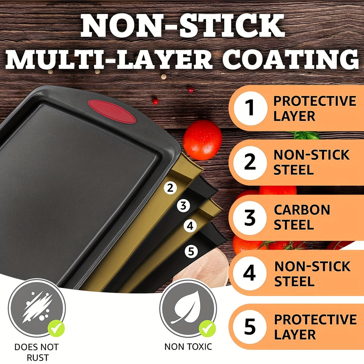 3-4pcs Non-stick Kitchen Oven Baking Pan - High Quality Stylish Non-stick Steel, Commercial Grade Restaurant Quality Metal Baking Pan Including Large, Medium And Small Pans For Baking And Baking With Red Silicone Handles - Easy To Clean, Black